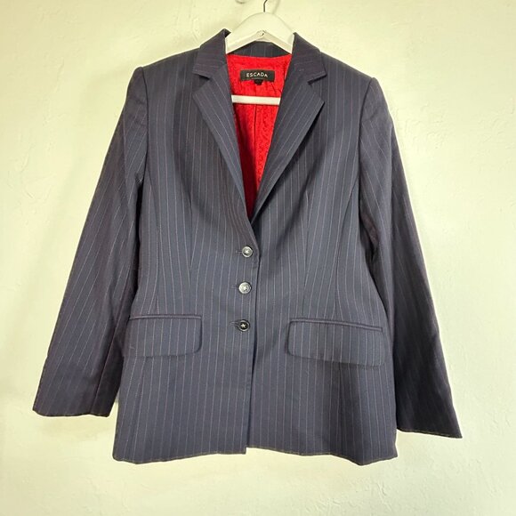 Escada Womens Pinstripe Wool Blazer Jacket Dark Blue Size 40 Three-Button Casual - Picture 1 of 9